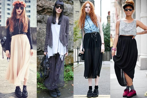 Street Style Fashion: Creeper Shoes with Long, Flowy Skirt
